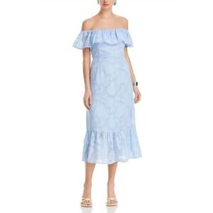 Koko & Mason Blue Off The Shoulder Smocked Midi Dress Ruffle Tiered Resortwear M